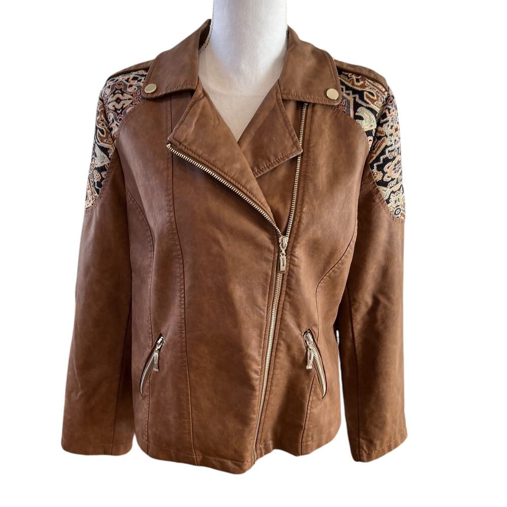 Chicos Faux Leather Moto Jacket Jacquard Tapestry Accent